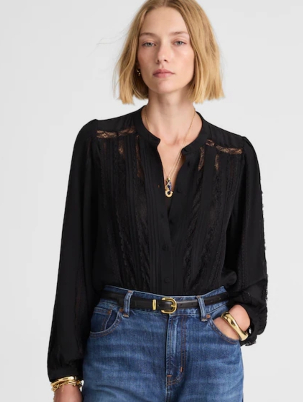 Madewell Lace-Insert Button-Up Long-Sleeve Top With Cami Size M NWT NY338